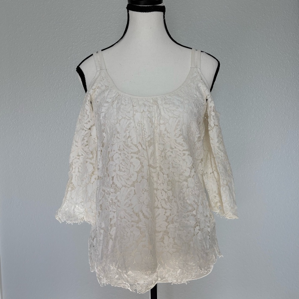 White House Black Market Cream Lace Cold-Shoulder Blouse